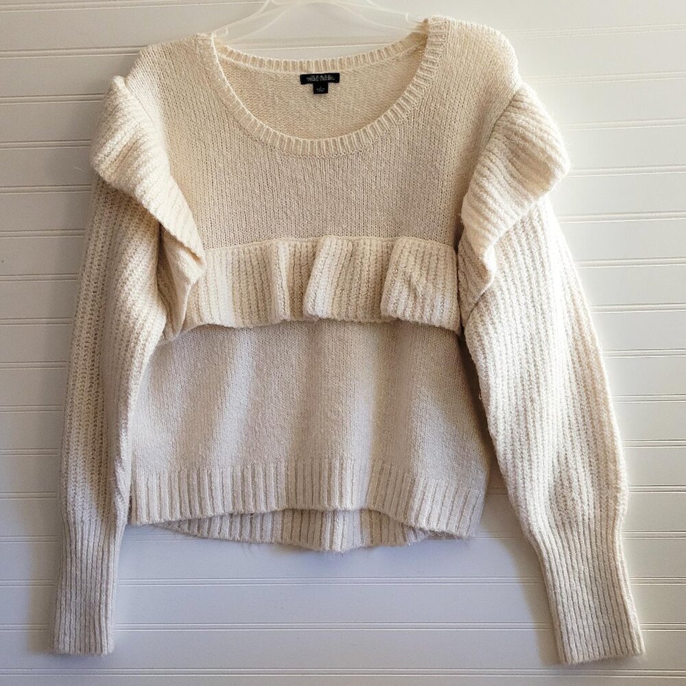Wild Fable Sweater Womens Large Cream Ruffle Front Cropped Pullover Cozy Soft